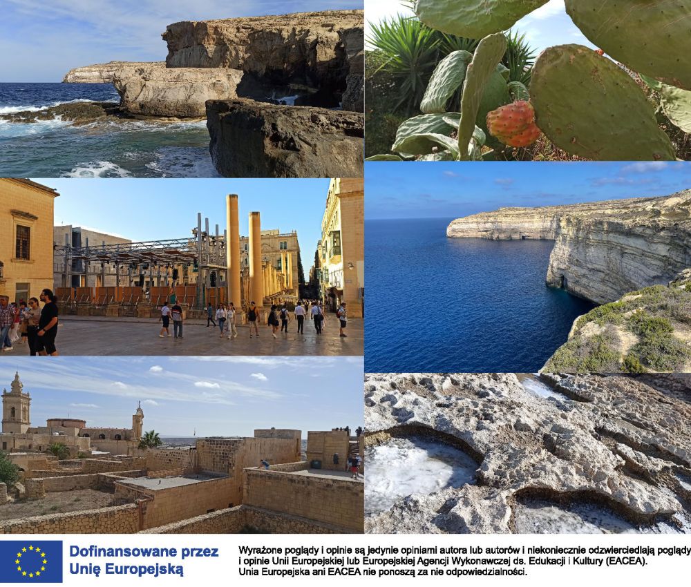 Kolaż składa się z 6 zdjęć z Malty. W lewym górnym rogu znajduje się zdjęcie skał nadmorskich, pod nim nowoczesna scena w okolicy starszej, zabytkowej zabudowy. Na końcu zabytkwowa, fortowa zabudowa Malty. W drugiej kolumnie, w prawym górym rogu znajduje 