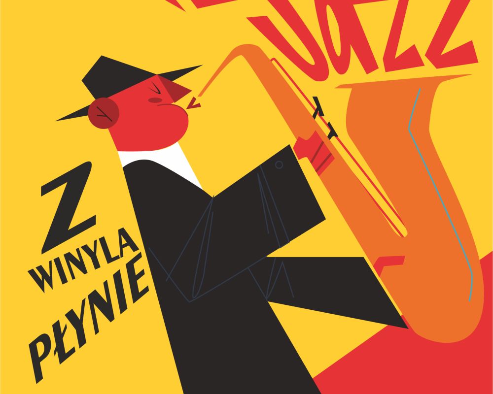 Grafika przedstawiająca jazzmana w komiksowym stylu grającego na saksfofonie. Obok komiksowy napis "Z winyla płynie jazz"