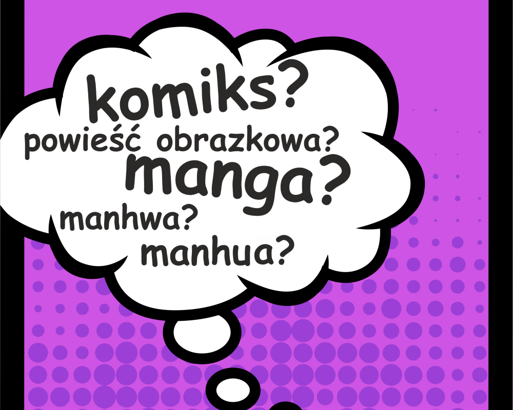 Na fioletowym tle komiksowy dymek z tekstem: "komiks? powieść obrazkowa? manga? manhwa? manhua?"