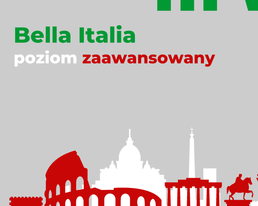Na szarym tle, rzymskie zabytki w białych i czerwonych kolorach. W prawym górnym rogu pionowe paski imitujące książki na półce w kolorze zieolnym.