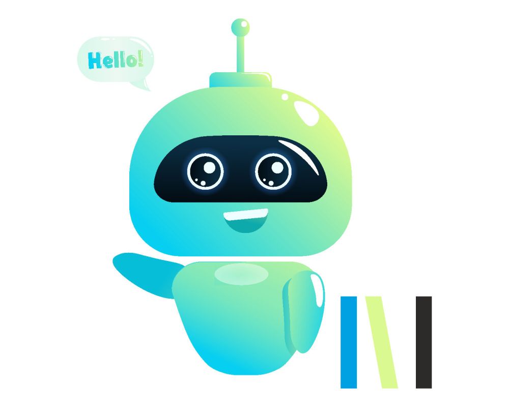 Uśmiechnięty, zielony robot, który macha prawą ręką. Nad nim dymek komiksowy, a w nim napis: "Hello!".
