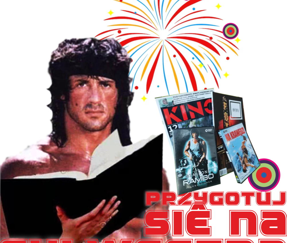 Sylwester Stallone w roli "Rambo", czytający książkę. Po prawej stronie filmy: "Rambo 2" oraz "Na Krawędzi" w wersji DVD oraz czasopisma: "Kino" i "Ekrany". Z tyłu namalowane fajerwerki.