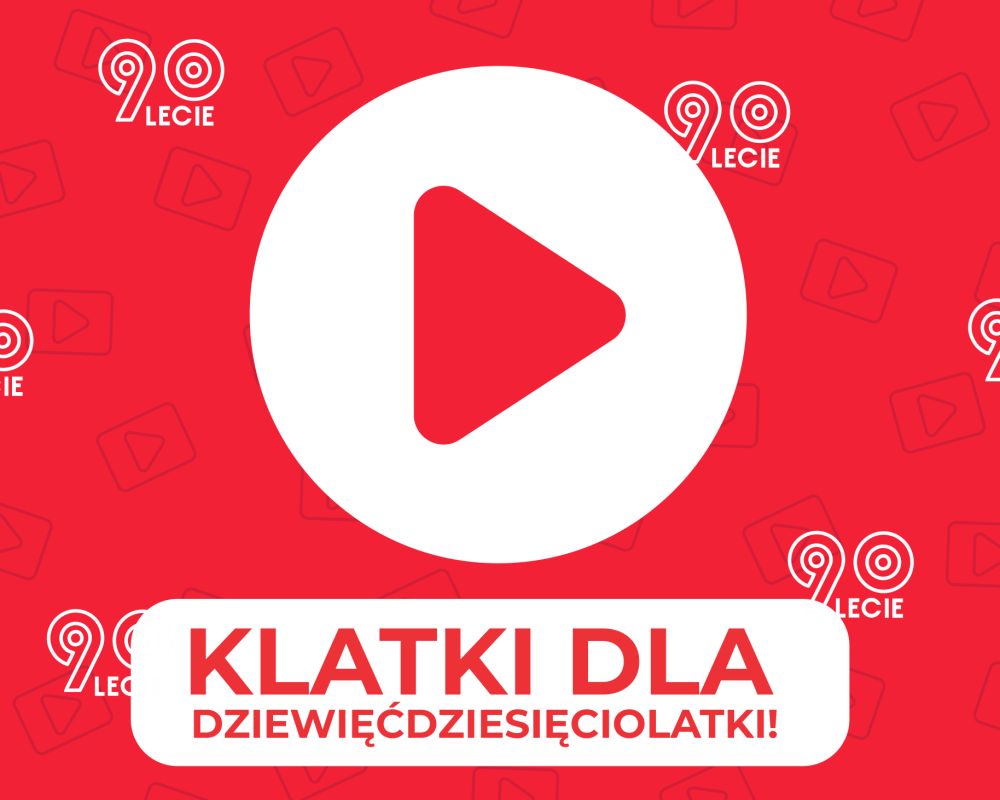 Ilustracja z dużym znakiem play na środku i napisem pod spodem: Klatki dla dziewięćdziesięciolatki!