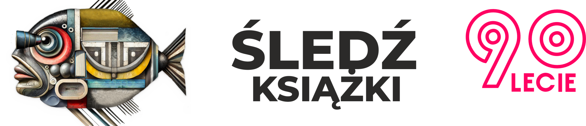 Abstrakcyjna grafika przedstawiająca rybę na tle szarego nieba. Po prawej stronie napis "Śledź książki"