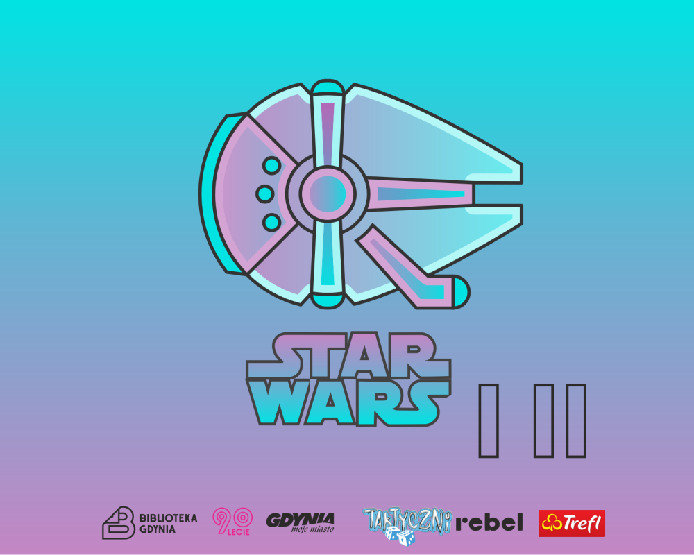 Ilustrowany Sokół Milenium z logiem Star Wars pod spodem oraz logotypami Biblioteki, Gdyni, Taktycznych, Rebela i Trefla.