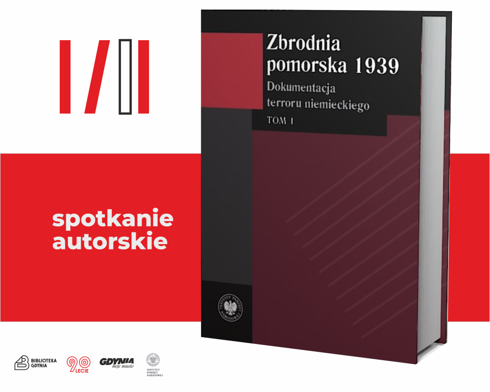 grafika z książką "Zbrodnia pomorska 1939" i napisem spotkanie autorskie na czerwonym pasku