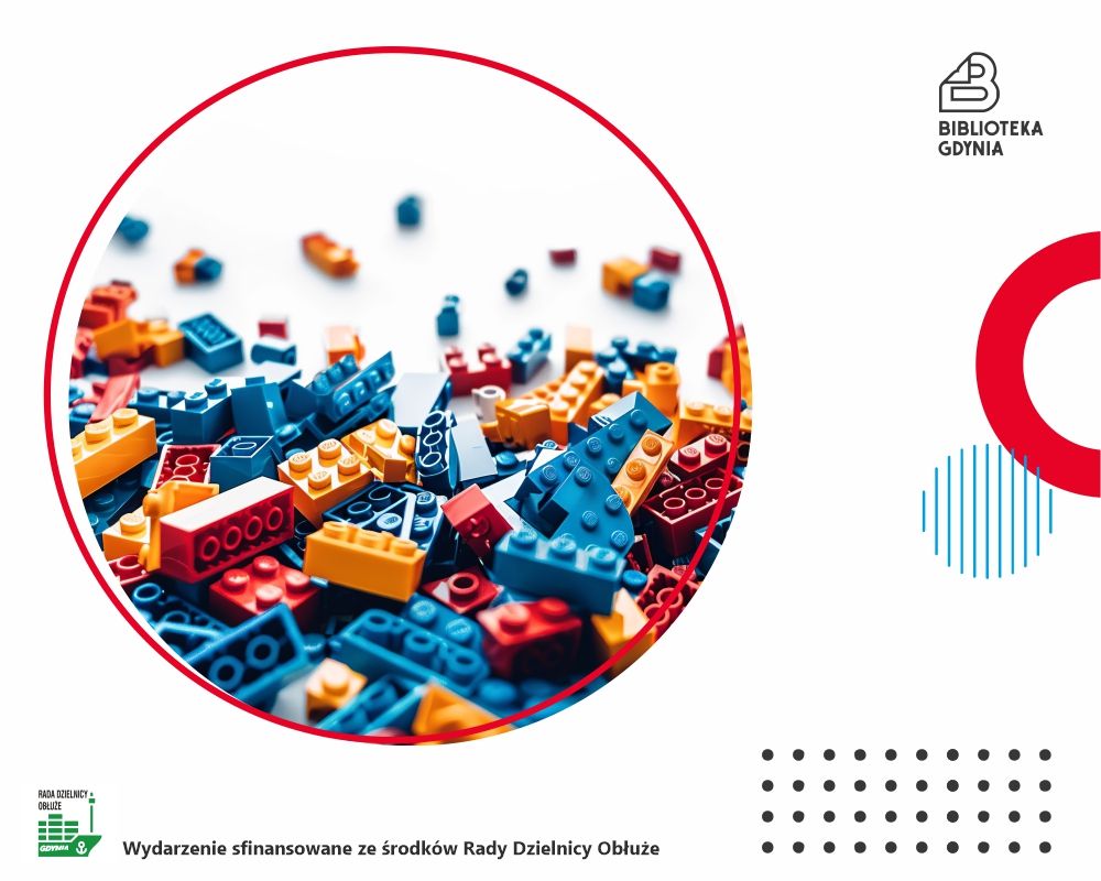 Zdjęcie rozsypanych klocków lego. W lewym dolnym rogu logo Rady Dzielnicy Obłuże