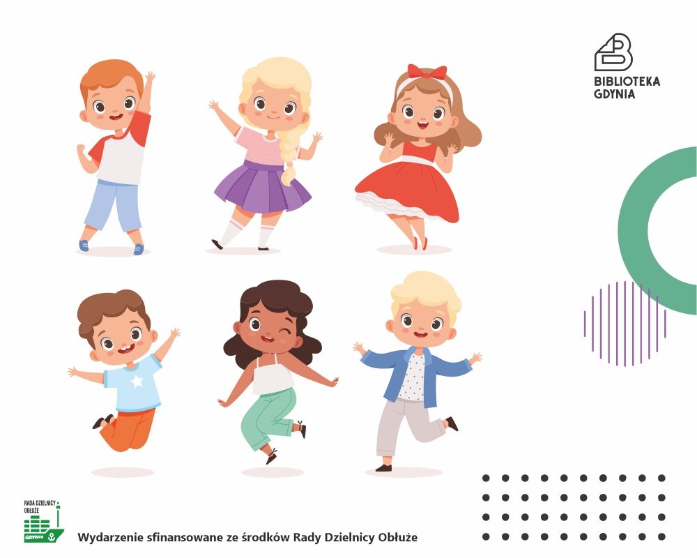 Ilustracja z tańczącymi dziećmi. W lewym dolnym rogu logo Rady Dzielnicy Obłuże