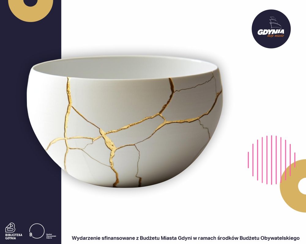 Zdjęcie posklejanej złotem białej ceramicznej miski. Logo Budżetu Obywatelskiego i miasta Gdyni
