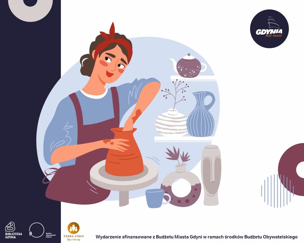 Ilustracja kobiety lepiącej garnek z gliny na garncarskim kole