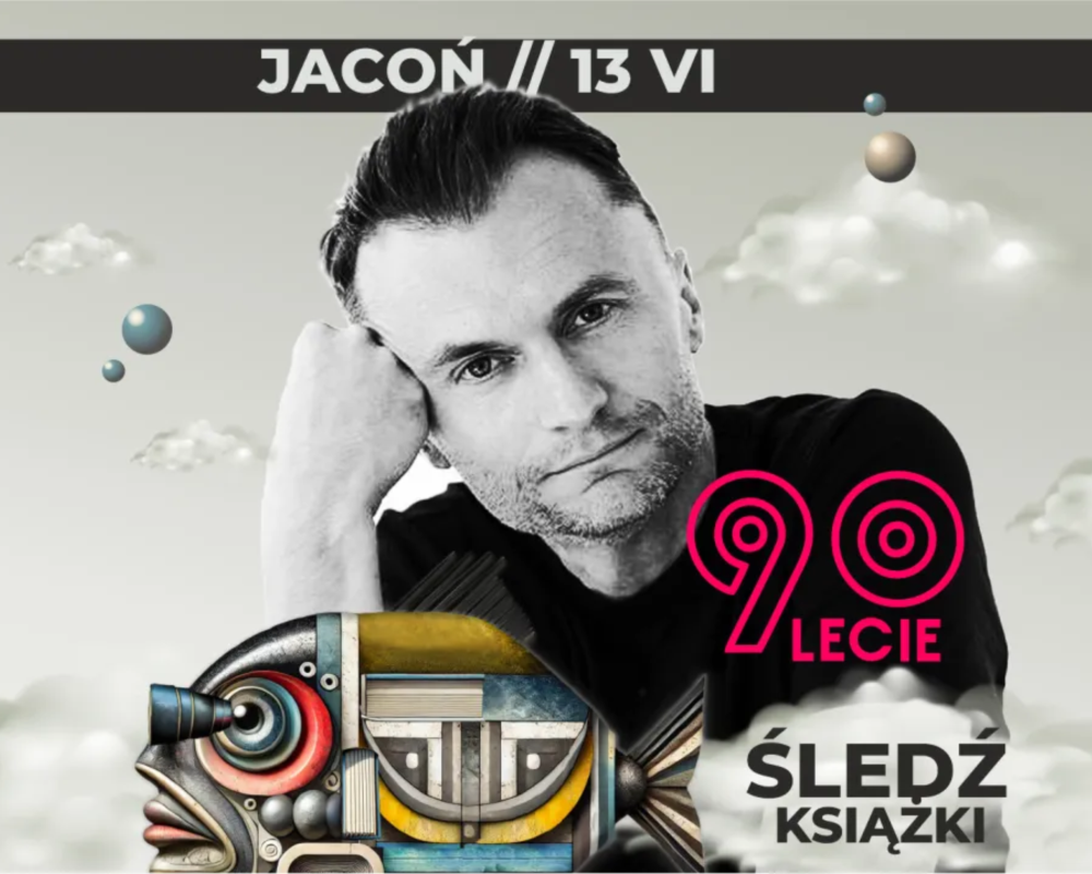 Zdjęcie Piotra Jaconia i logo 90-lecia Biblioteki.