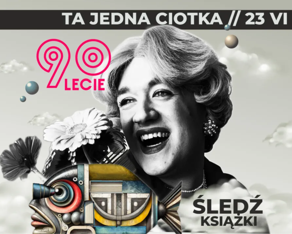 Mateusz Glen na szarym tle oraz logo 90-lecia Biblioteki.