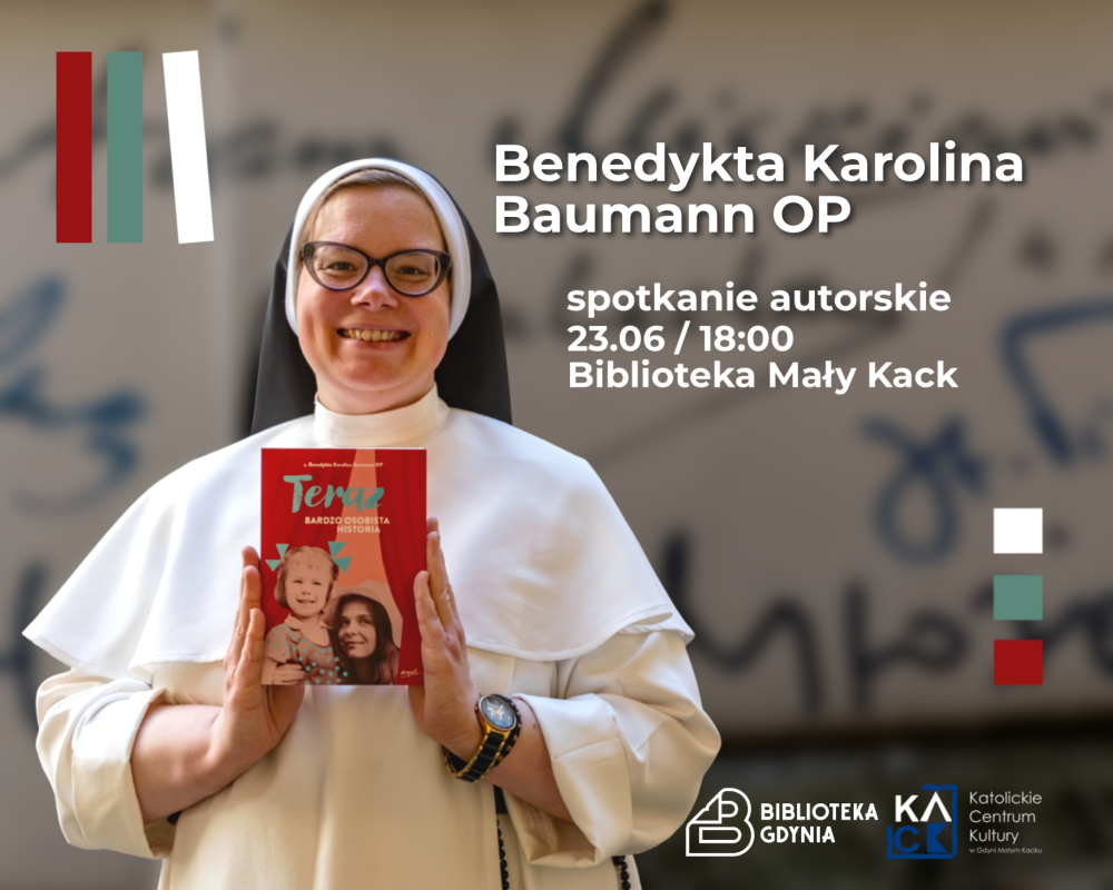 Zdjęcie przedstawia Benedyktę Karolinę Baumann trzymającą swoją książkę pod tytułem "Teraz"