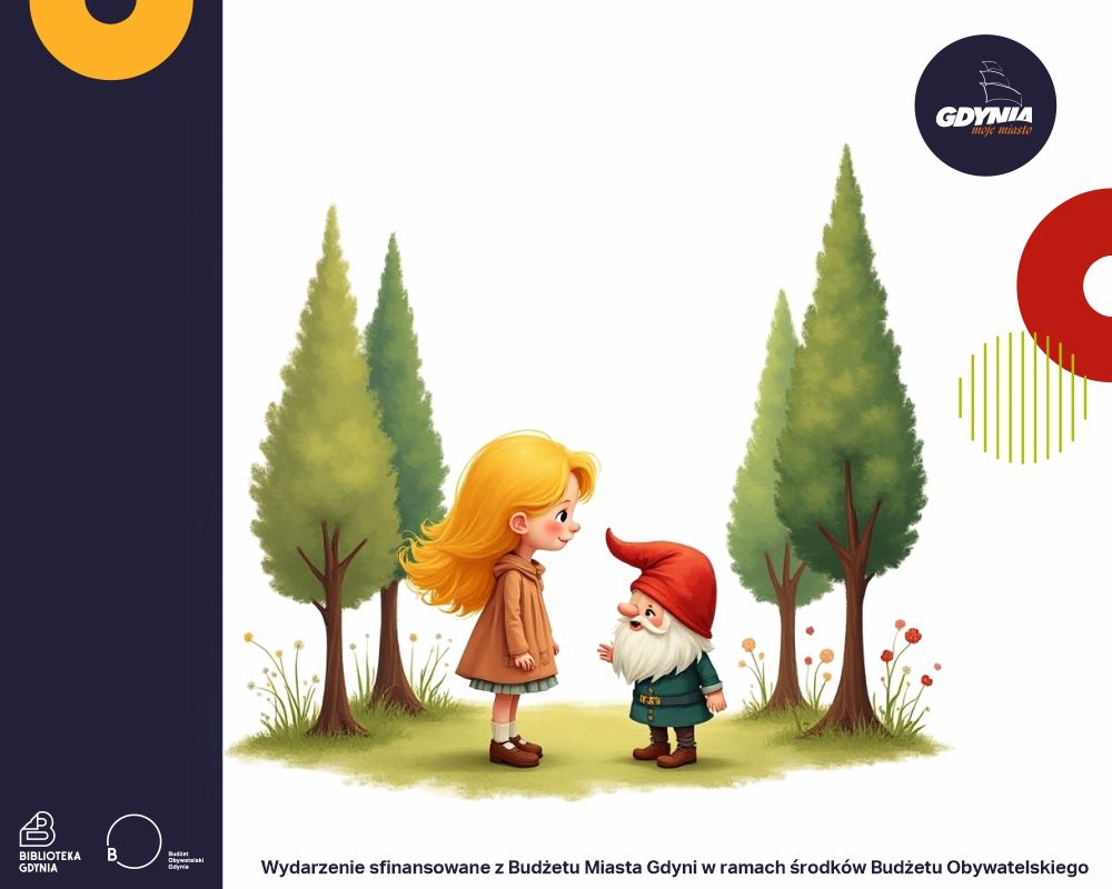 Złotowłosa dziewczynka rozmawiająca ze skrzatem, w tle po dwa drzewka z każdej strony. Ilustracja.