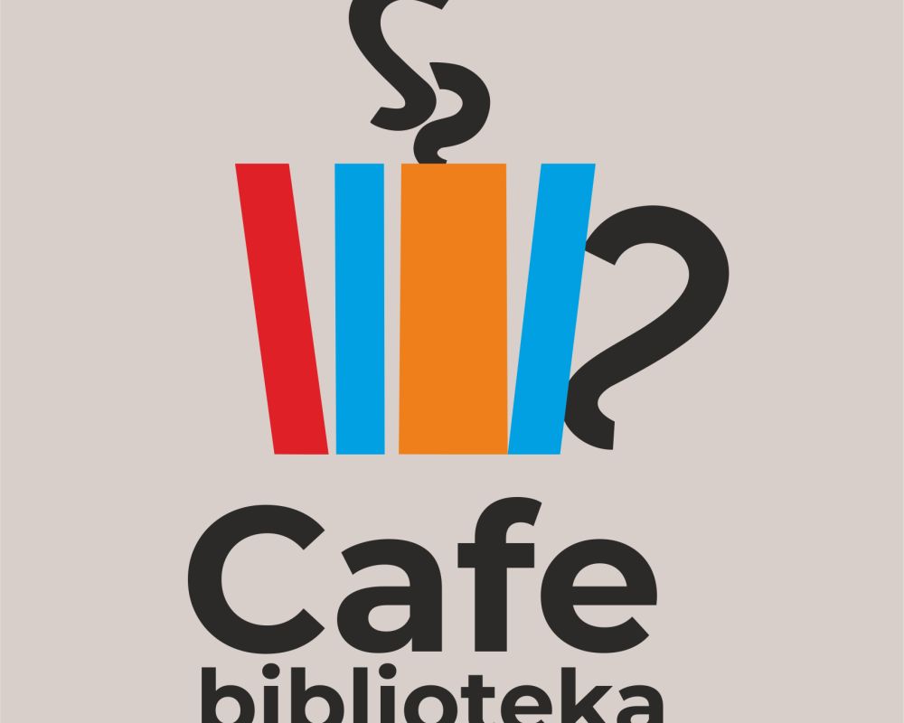 Kubek kawy ułożony z abstrakcyjnych grzbietów książek. Pod spodem napis Cafe biblioteka
