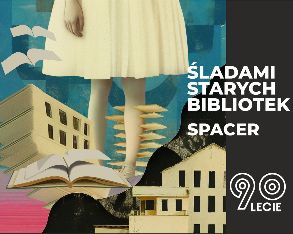 Kolaż budynków, otwartych książek i kawałka dziewczynki w białej sukience.