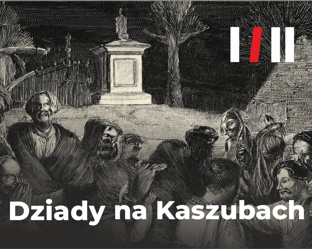 Czarno-biała ilustracja z obrządku dziadów na Kaszubach