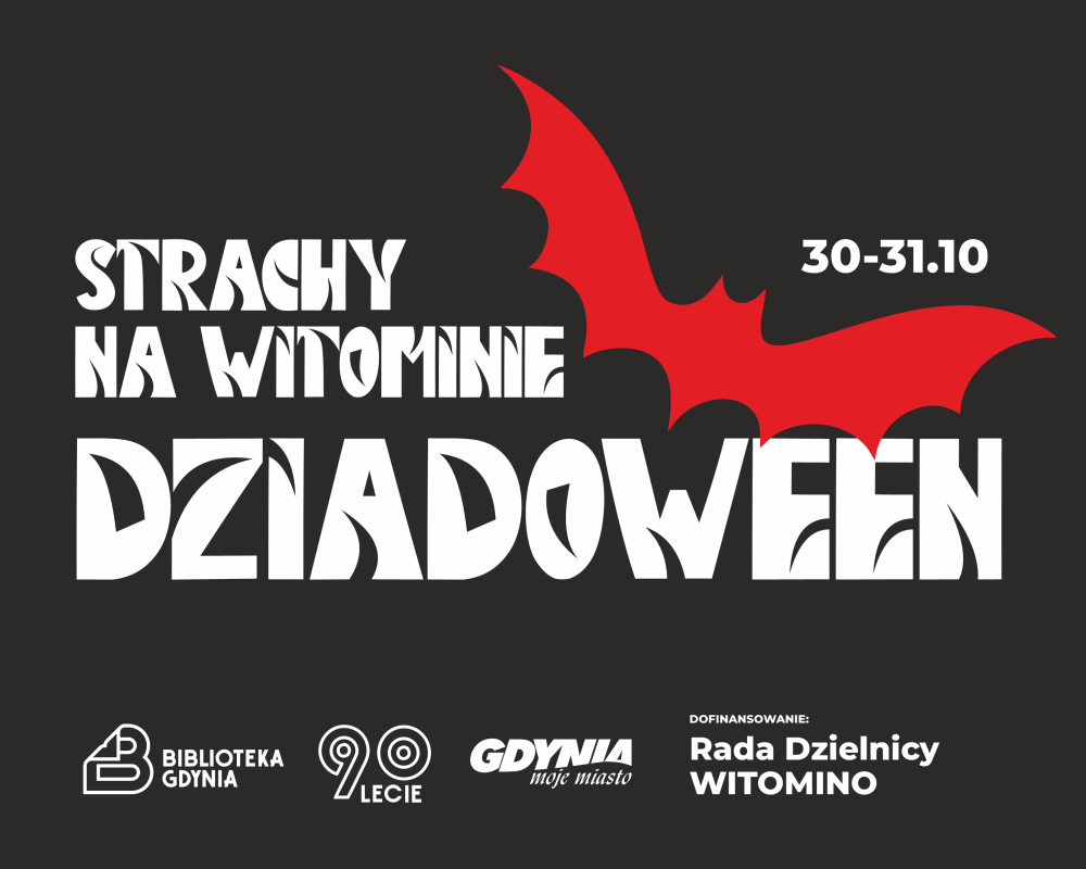 Grafika z tytułem wydarzenia, logotypem biblioteki gdynia, logotypem 90. urodzin biblioteki, miasta Gdyni oraz informacją o dofinansowaniu przez Radę Dzielnicy Witomino