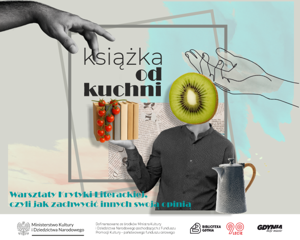 Człowiek z kiwi zamiast głowy, trzyma książki, na których wisi kiść pomidorów.
