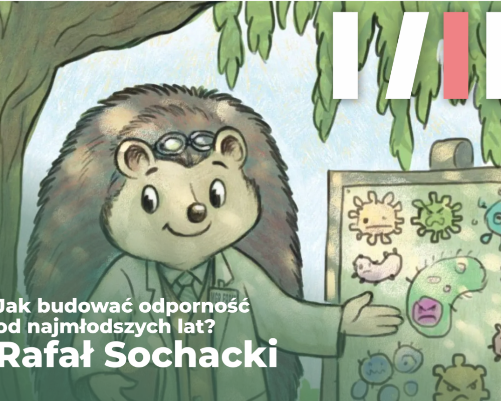 Ilustrowany jeżyk-naukowiec, wskazujący na tablicę z rysunkami mikrobów