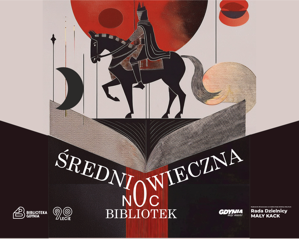 Wycięty z papieru rycerz na koniu stojący a otwartej książce, w tle czerwony księżyc
