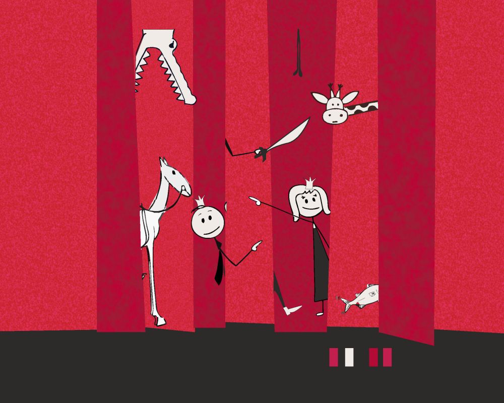 Czerwona kurtyna zza której wystają czarnobiałej, rysunkowe postacie.