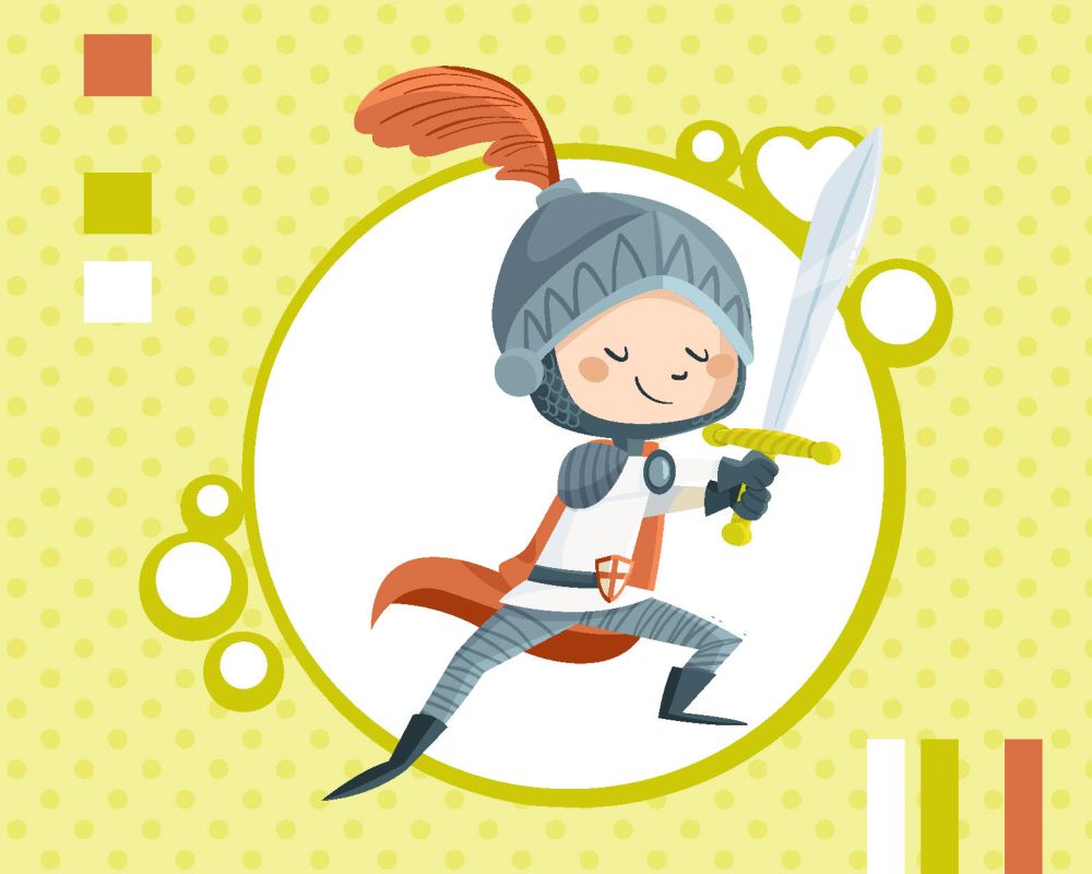 Rysunkowy rycerz z mieczem. Za nim żółte tło.