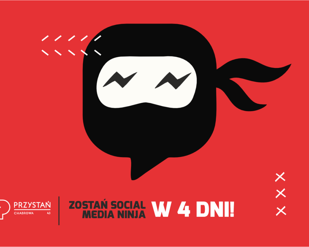 Na czerwonym tle dymek symbolizujący powiadomienie w mediach społecznościowych, stylizowany na ninję