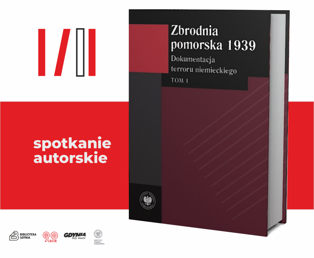 grafika z książką "Zbrodnia pomorska 1939" i napisem spotkanie autorskie na czerwonym pasku