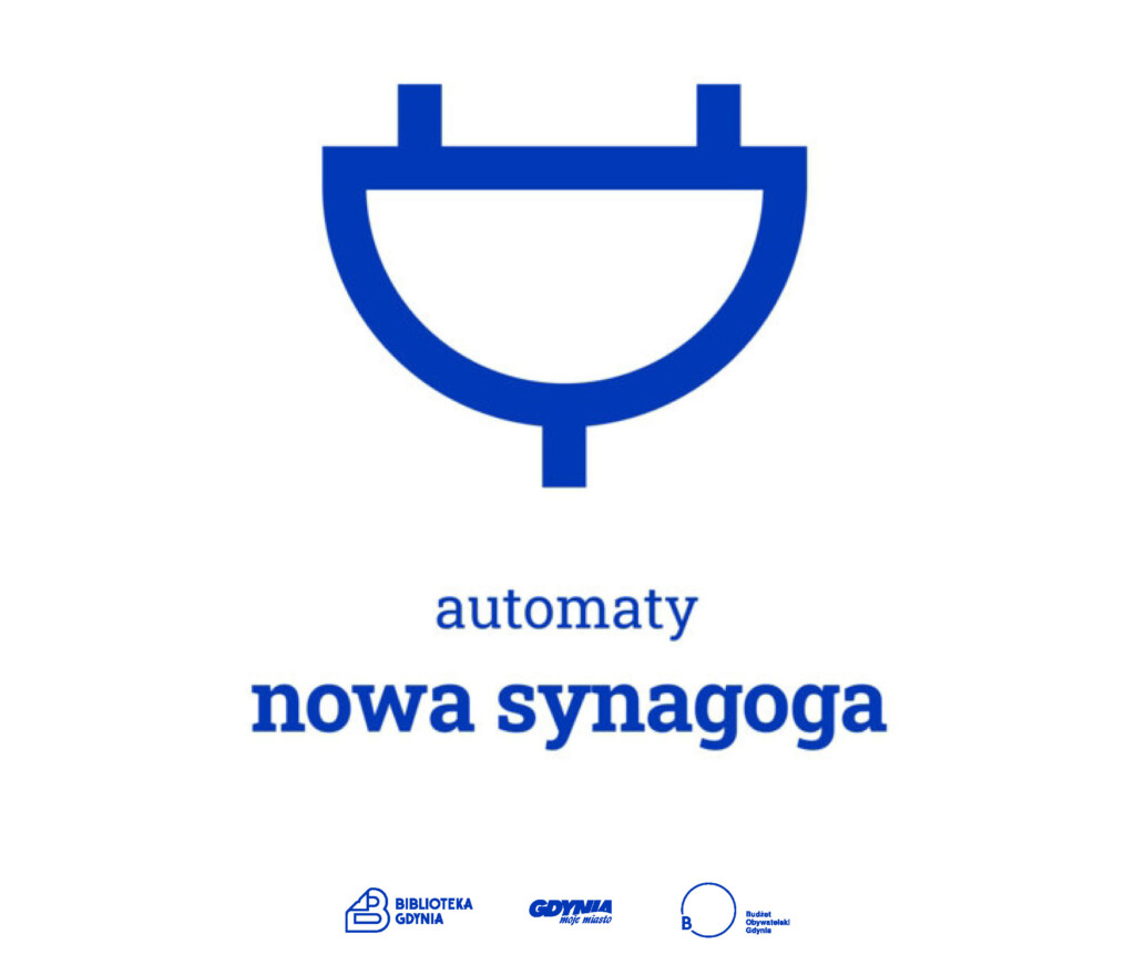 Minimalistyczna grafika przedstawiająca niebieską wtyczkę na białym tle. Pod wtyczką niebieski napis: "automaty. nowa synagoga"