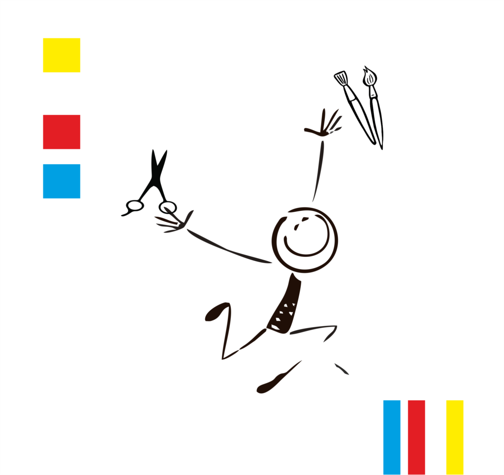 Uśmiechnięty ludzik trzymający w rękach pędzle oraz nożyczki.