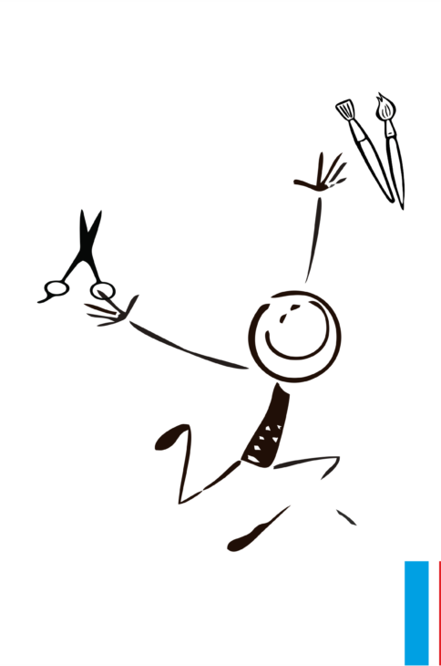 Uśmiechnięty ludzik trzymający w rękach pędzle oraz nożyczki.