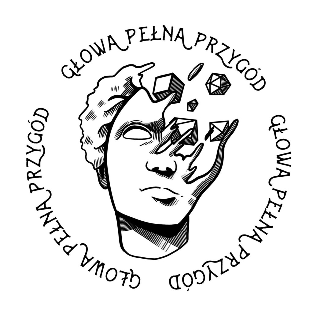 Logo organizatora. Rysunek rozpadającej się głowy. Dookoła napis "Głowa Pełna Przygód"