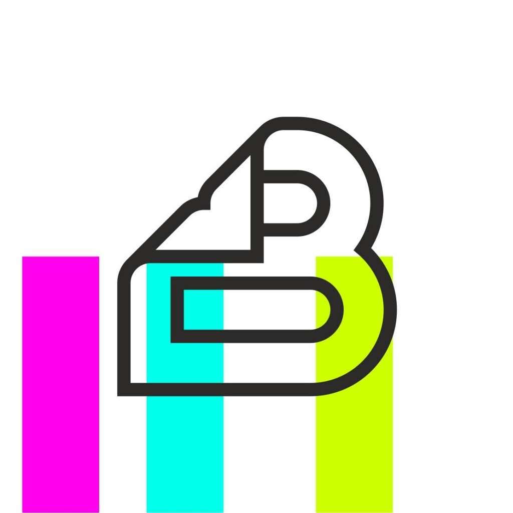 Logo biblioteki Gdynia. Litera "B" z zagięciem przypominającym kartkę z książki.