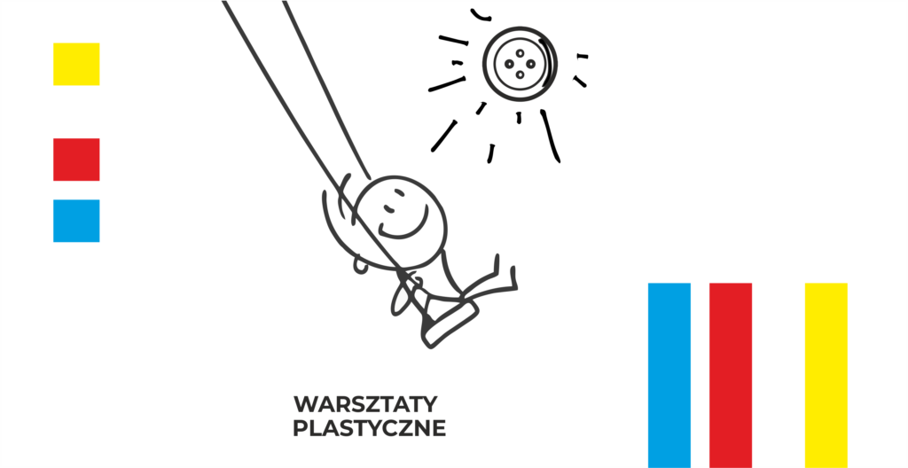 Uśmiechnięty ludzik siedzący na huśtawce. Patrzy na słońce będące guzikiem.