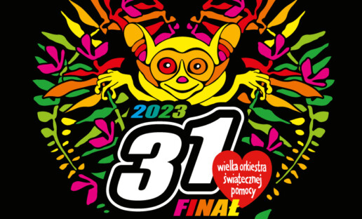 Żółty lemur wychodzący z pomiędzy kolorowych liści paproci tworzących kształt serca. Poniżej napis: "2023 31. Finał. Aukcje".