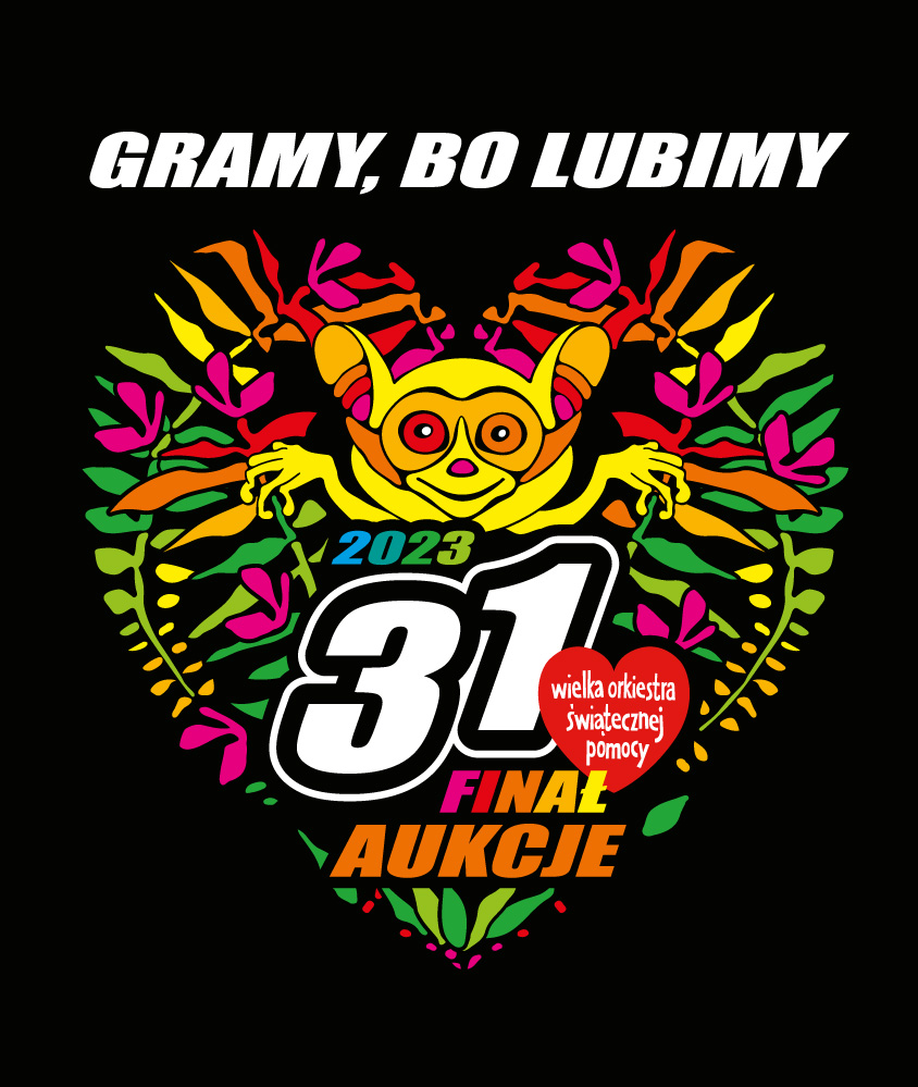 Żółty lemur wychodzący z pomiędzy kolorowych liści paproci tworzących kształt serca. Poniżej napis: "2023 31. Finał. Aukcje".