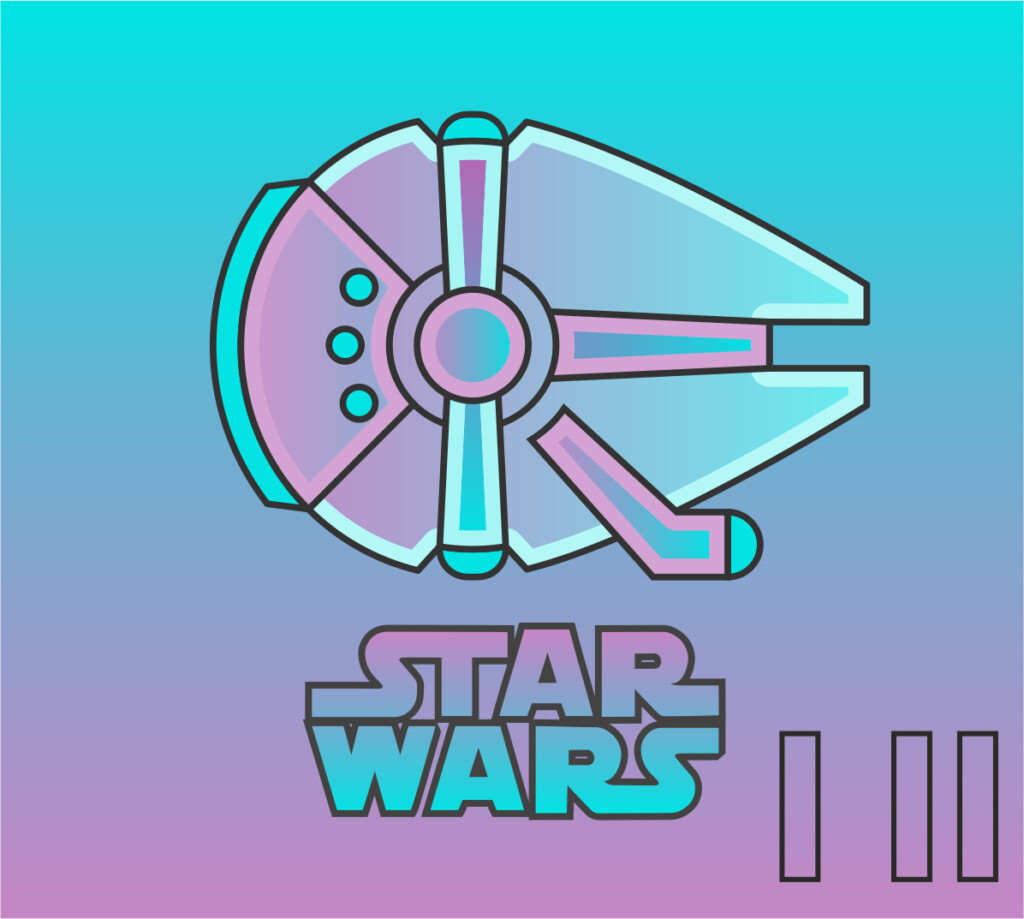 Grafika w niebiesko-fioletowej kolorystyce. Statek kosmiczny. Poniżej napis: "Star Wars"