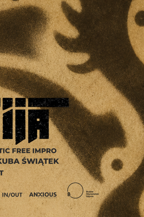 Abstrakcyjna grafika. Na środku czarny napis: "Żmija". Poniżej informacje: "Electro acoustic free impro. Michał Gos / Kuba Świątek. Koncert IN/OUT. 21.05/19:00". Na dole logotypy Biblioteki Gdynia i partnerów oraz Budżetu Obywatelskiego.