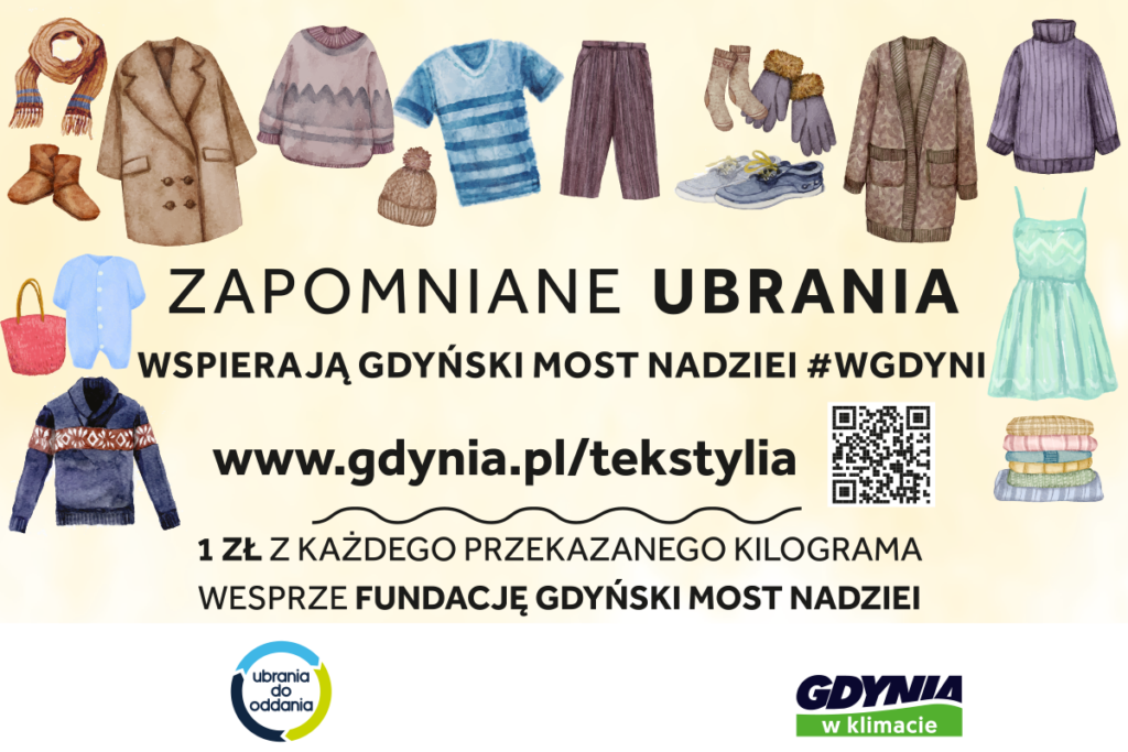 Grafika przedstawiająca różnego rodzaju ubrania na żółtym tle. W środku jest czarny napis: "Zapomniane ubrania wspierają Gdyński Most Nadziei #WGDYNI.  www.gdynia.pl/tekstylia. 1zł z każdego przekazanego kilograma wesprze fundację Gdyński Most Nadziei.