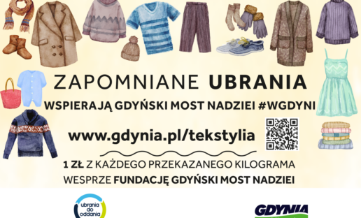 Grafika przedstawiająca różnego rodzaju ubrania na żółtym tle. W środku jest czarny napis: "Zapomniane ubrania wspierają Gdyński Most Nadziei #WGDYNI.  www.gdynia.pl/tekstylia. 1zł z każdego przekazanego kilograma wesprze fundację Gdyński Most Nadziei.