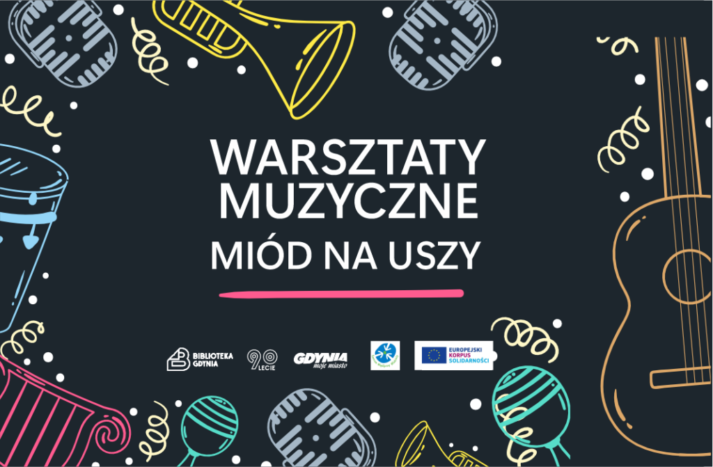 Czarna plansza z narysowanymi instrumentami wokoło i informacjami o wydarzeniu