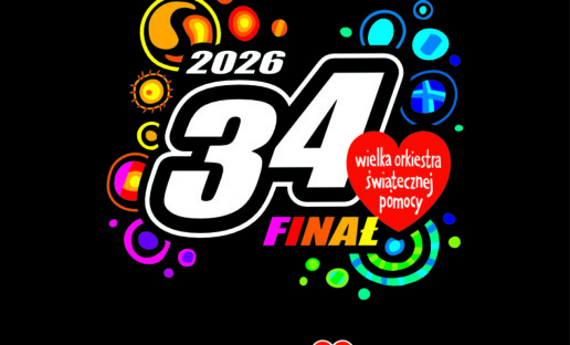 Na czarnym tle logo 34. Finału WOŚP. Na dole logotypy: Biblioteki Gdynia, 100-lecia Gdyni i WOŚP