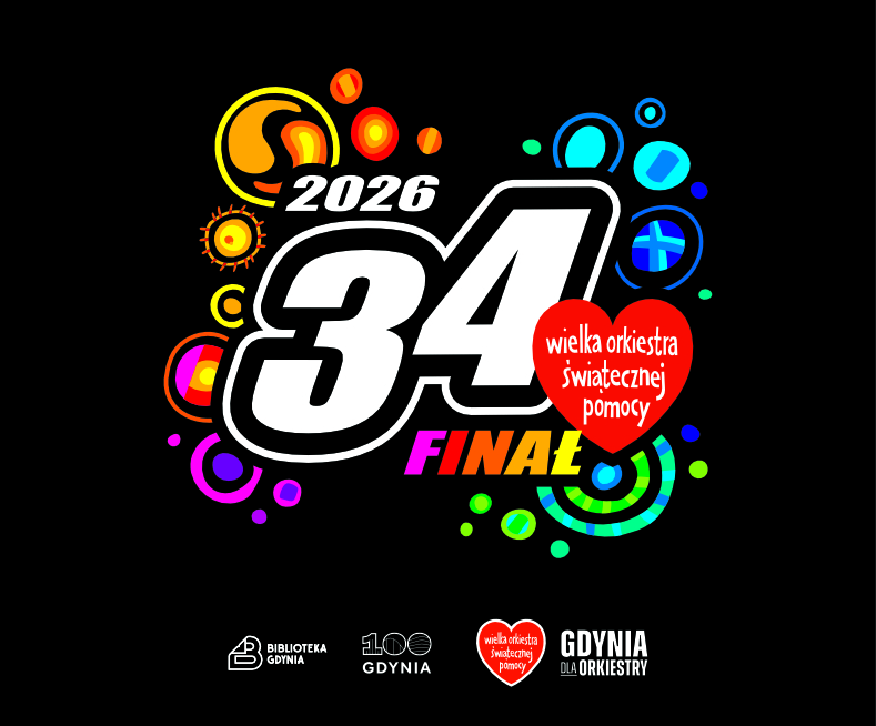 Na czarnym tle logo 34. Finału WOŚP. Na dole logotypy: Biblioteki Gdynia, 100-lecia Gdyni i WOŚP