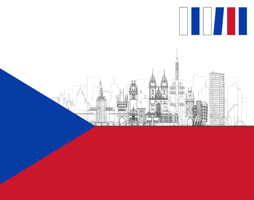 Flaga Republiki Czeskiej. Na jej górnym odcinku widać naszkicowane miasto.