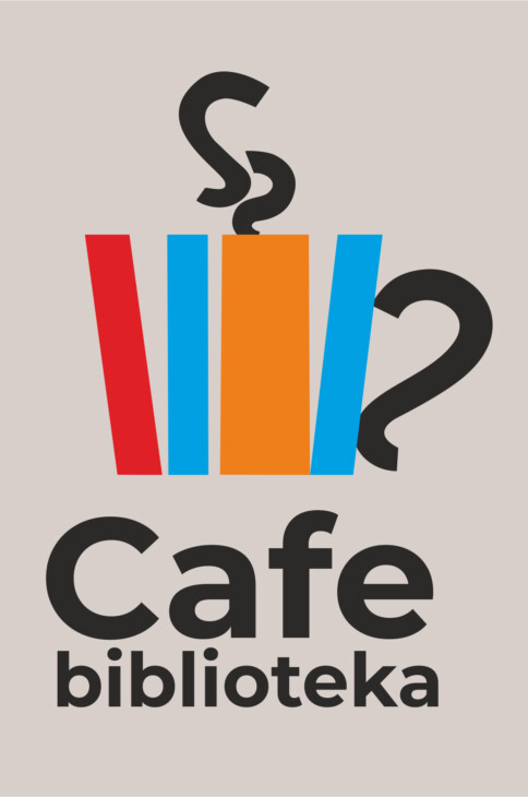 Kubek kawy ułożony z abstrakcyjnych grzbietów książek. Pod spodem napis Cafe biblioteka