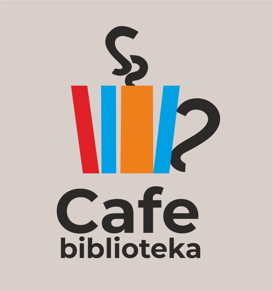 Kubek kawy ułożony z abstrakcyjnych grzbietów książek. Pod spodem napis Cafe biblioteka