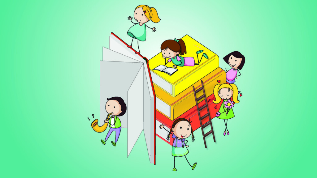 Rysunek dzieci bawiązych się na książkach