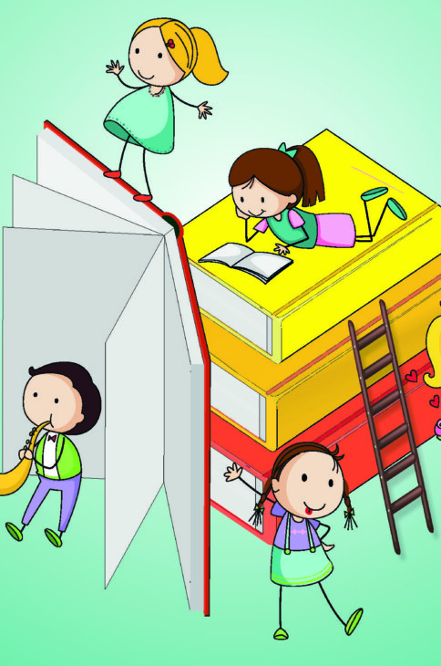 Rysunek dzieci bawiązych się na książkach