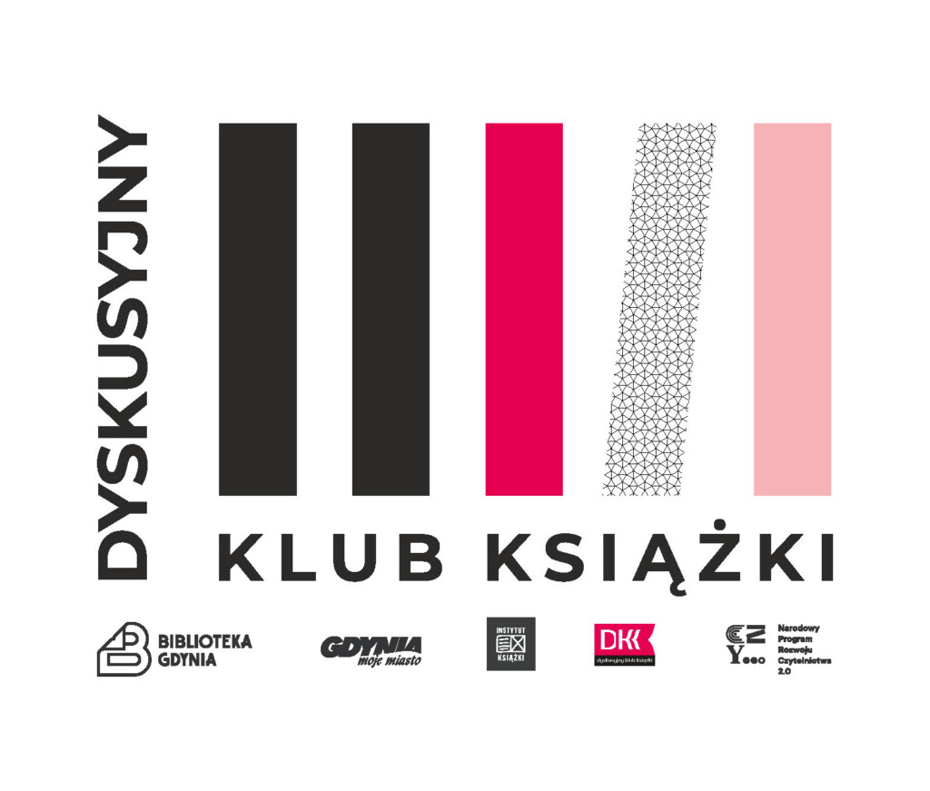 Kolorowe paski imitujące książki leżące na półce. Po lewej stronie czarny napis: "Dyskusyjny", na dole, pod paskami: "Klub Książki". Poniżej logotypy Biblioteki i partnerów.